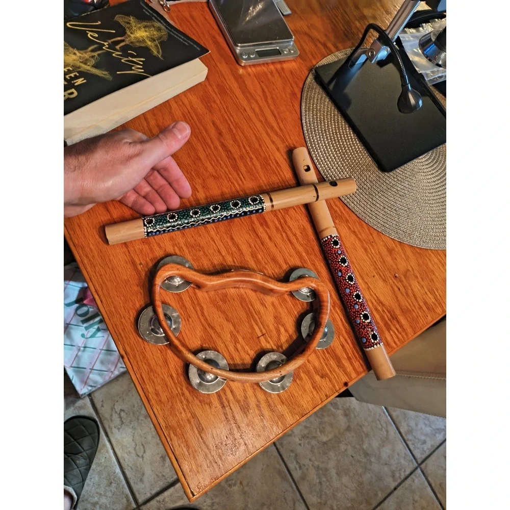 Handmade Teak Wood Tambourine And Two Wood Flutes Possibly Bamboo